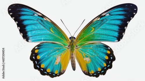 Very beautiful blue yellow green butterfly in flight Generative AI © Dyeru