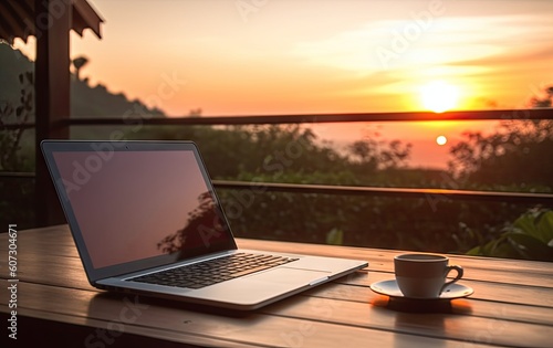 Laptop, Coffee, and the Sunset. Perfect Online Workstation on a Wooden Table. Work online concept.