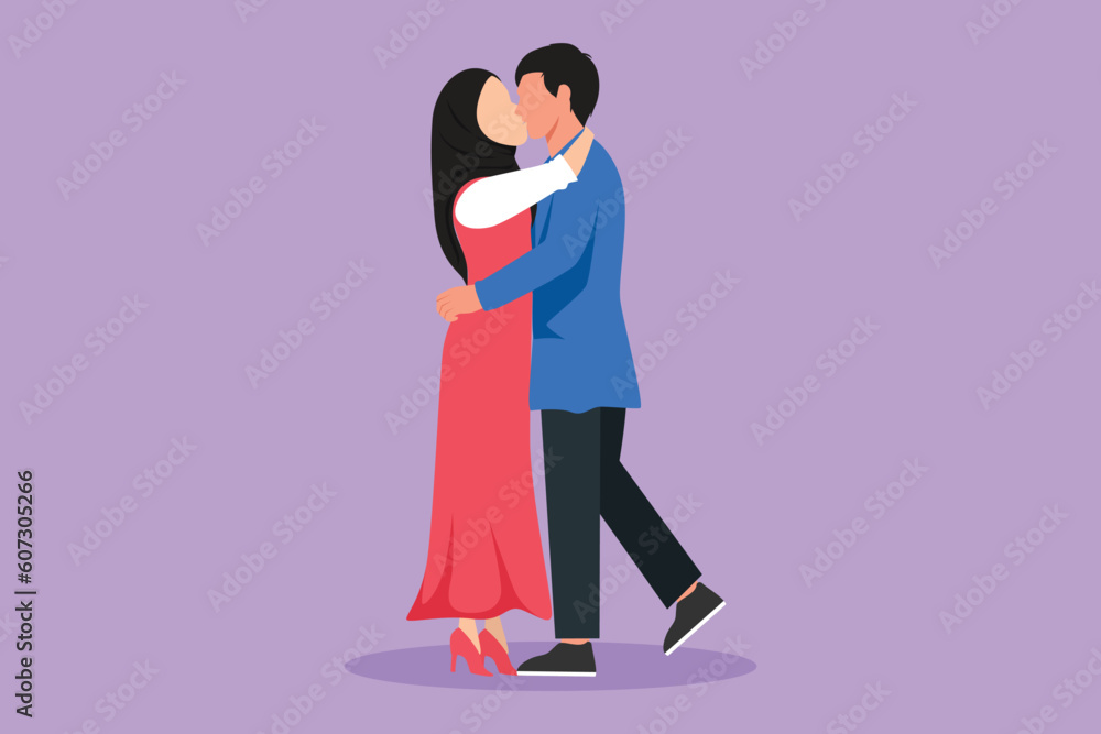 Graphic flat design drawing loving couple kissing and hugging. Romantic couple lovers kissing and holding hands. Arab man and woman celebrating wedding anniversary. Cartoon style vector illustration