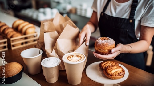 A waitress holding and serving a paper cup of hot coffee Generative AI