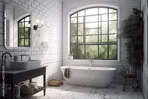 Bathroom interior design with white brick walls  tiled floor  comfortable white bathtub and large window