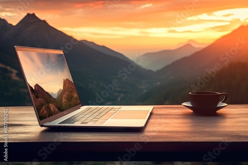 Laptop, Coffee, and the Sunset. Perfect Online Workstation on a Wooden Table. Work online concept.