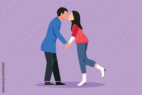 Graphic flat design drawing romantic of male and female couple with lips locked in kiss. Happy Arabian couple lovers kissing and holding hands. Man and woman in love. Cartoon style vector illustration