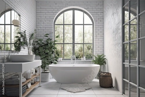 Bathroom interior design with white brick walls  tiled floor  comfortable white bathtub and large window