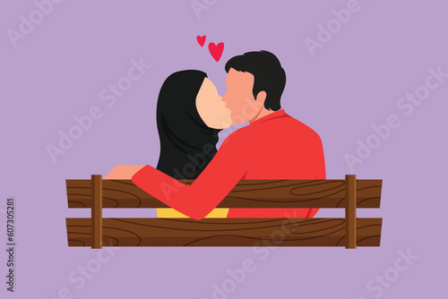 Character flat drawing back view of romantic Arab couple sweet kissing sitting on bench at park in beautiful scenery. Happy guy and pretty girl relationship in love. Cartoon design vector illustration