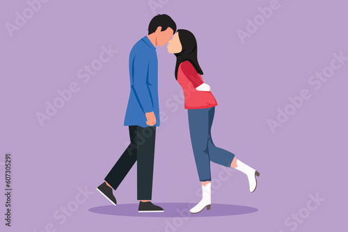 Character flat drawing cute boy and girl standing and kissing each other. Kissing couple of young lovers. Romantic Arab couple in love celebrate wedding anniversary. Cartoon design vector illustration