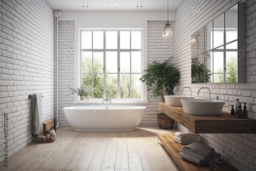 Bathroom interior design with white brick walls, tiled floor, comfortable white bathtub and large window © ttonaorh