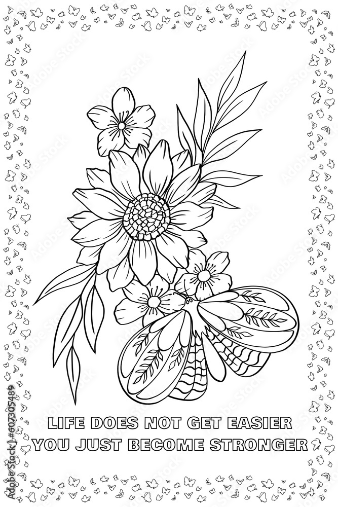 Coloring Page on Butterfly, Beautiful Butterfly with Daily Quotes, Anti