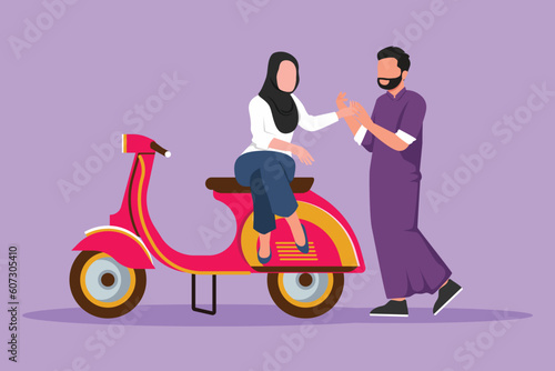Graphic flat design drawing riders couple trip travel. Romantic honeymoon moments sitting and talking on motorcycle. Arabian man with beautiful woman riding scooter. Cartoon style vector illustration