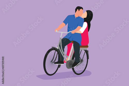 Character flat drawing young loving Arab couple cycling, kissing each other. Romantic human relation, love story, newlywed family in honeymoon traveling adventure. Cartoon design vector illustration