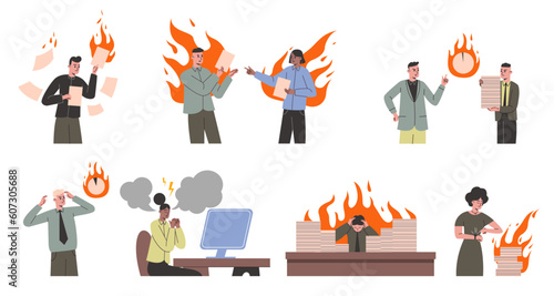Stressed employees. Conflict situations in office. Business people work. Tense atmosphere. Flamed busy characters. Angry men and women. Colleague quarrel. Vector anxiety persons set