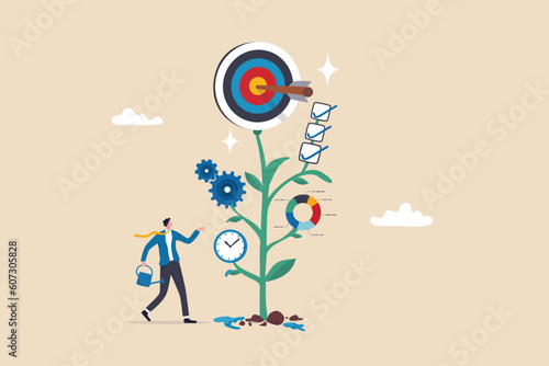 Business development plan, management or strategy to achieve target, growing business or growth, planning for success concept, businessman watering seedling plant with process and task to success.