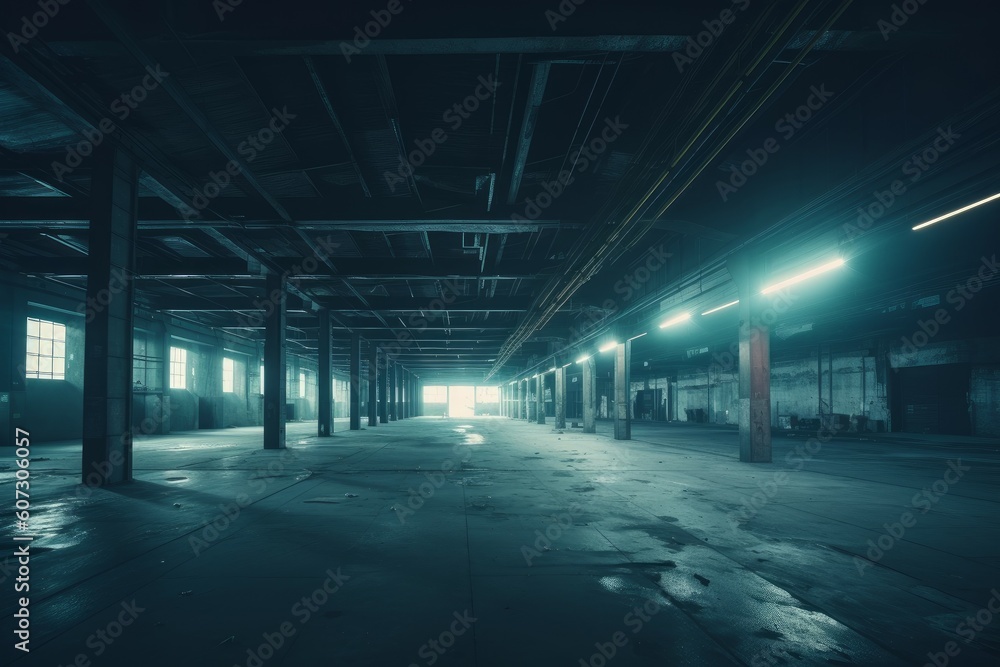 Dark empty warehouse. Generate Ai