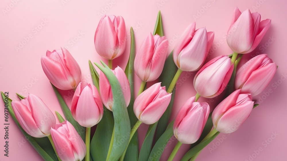 Spring tulip flowers on pink background Generative AI Spring tulip flowers on pink background Generative AI