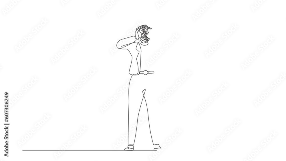 Animated self drawing of continuous line draw businesswoman with round scribbles instead of head. Confused female asking questions searching answers, trouble solution. Full length one line animation Animated self drawing of continuous line draw businesswoman with round scribbles instead of head. Confused female asking questions searching answers, trouble solution. Full length one line animation