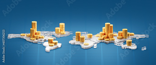 Global money exchange coin gold currency business investment finance on international economy market 3d background of foreign transfer world financial cash or growth profit concept capital trading.