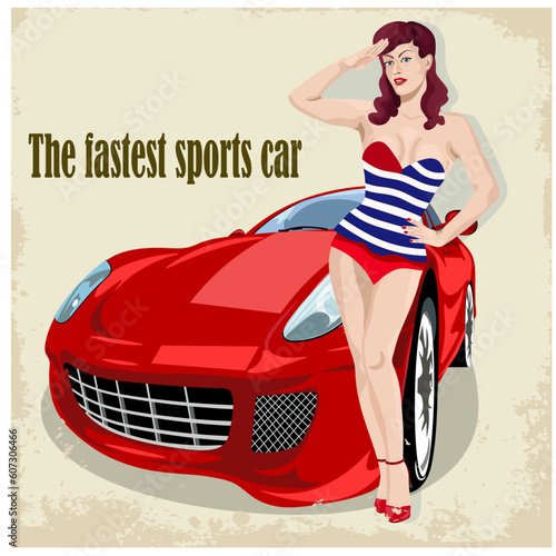 The fastest sports car and retro style girl