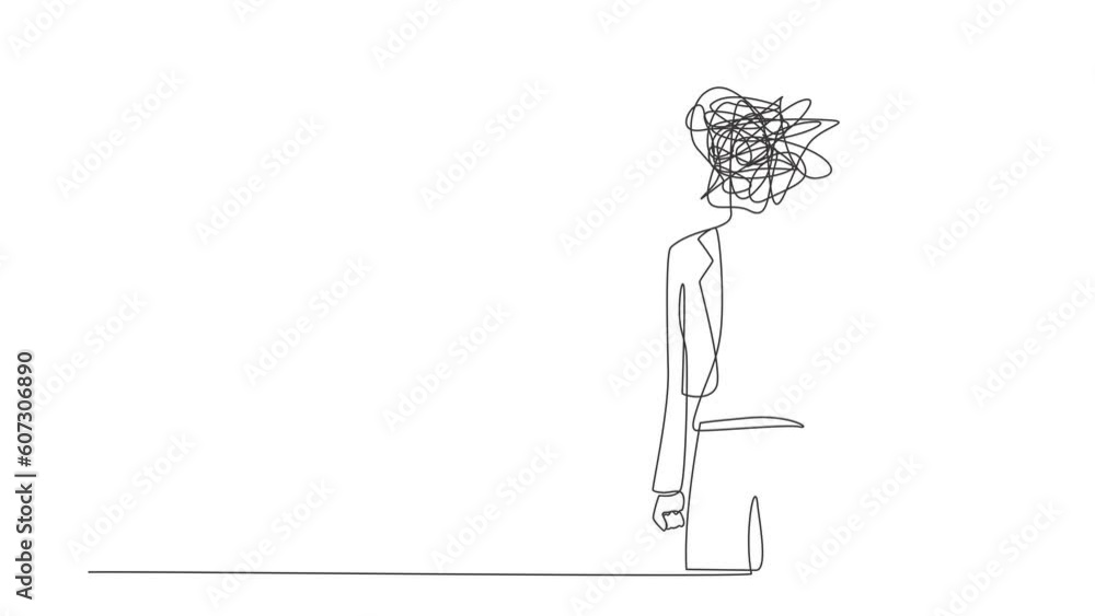 Animated self drawing of continuous line draw businesswoman with round scribbles instead of head. Frustrated. Confusion in thoughts. Chaos in head. Confusing process. Full length one line animation Animated self drawing of continuous line draw businesswoman with round scribbles instead of head. Frustrated. Confusion in thoughts. Chaos in head. Confusing process. Full length one line animation