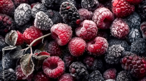 Background of frozen raspberries and blackberries  generative AI.