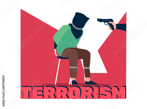 Terrorist points gun at kidnapped hostage with bag over his head. Terrorism poster. Criminal violence. Victim of bandits. Ransom demand. Weapon in hand. Threat of kill. Vector concept