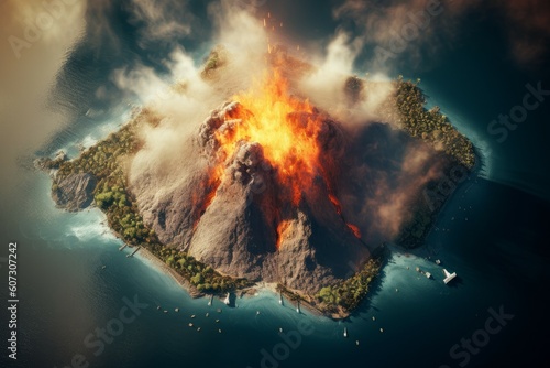 Erupting volcano top view. Generate Ai