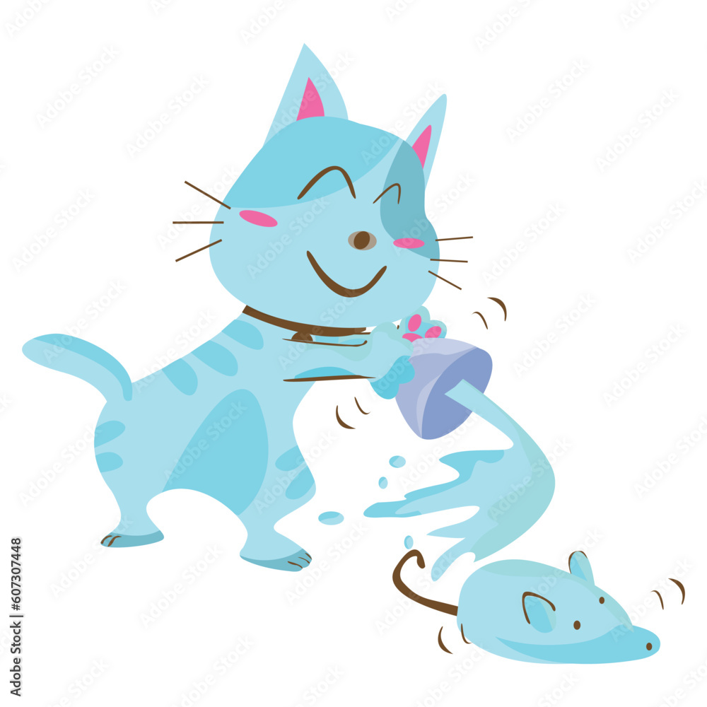 Vector illustration of a blue cat and a mouse teasing each other by playing in water on a white background. Vector illustration of a blue cat and a mouse teasing each other by playing in water on a white background.
