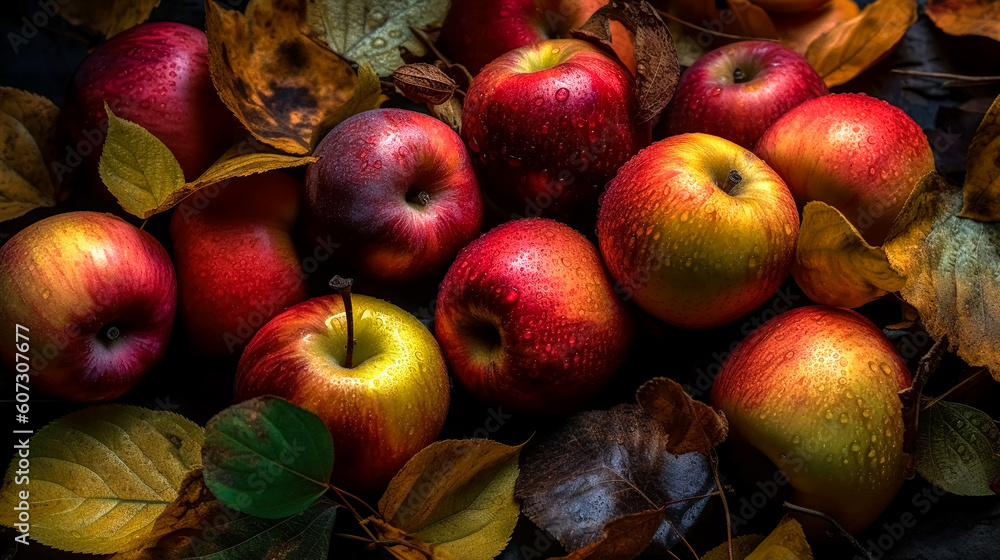 Background with apples and leaves, generative AI. Background with apples and leaves, generative AI.
