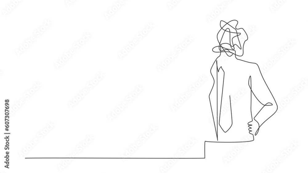 Self drawing animation of single line draw businessman with round scribbles instead of head. Doubting man. Memory, solution, searching and thinking concept. Continuous line draw. Full length animated Self drawing animation of single line draw businessman with round scribbles instead of head. Doubting man. Memory, solution, searching and thinking concept. Continuous line draw. Full length animated