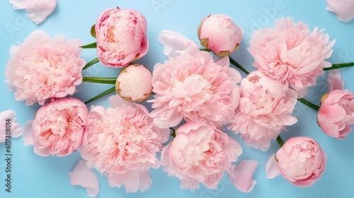 Spring peony flowers on pink blue pastel background Generative AI