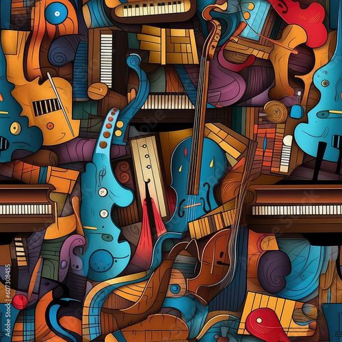 Wallpaper Mural Musical instruments seamless repeat pattern - fantasy colorful cubism, abstract