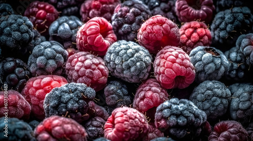 Background of frozen raspberries and blackberries  generative AI.