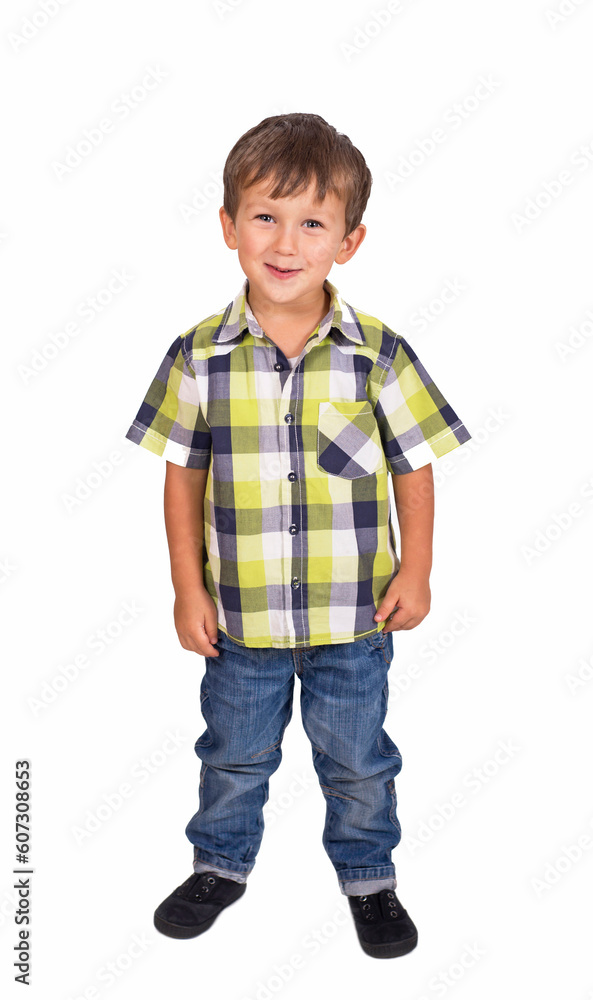 Portrait of a cheerful little boy in jeans and a plaid shirt in full growth isolated on a white background Portrait of a cheerful little boy in jeans and a plaid shirt in full growth isolated on a white background