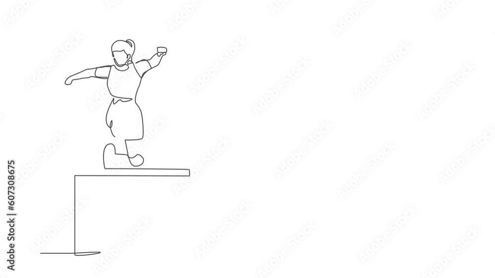 Animated self drawing of continuous line draw front view amputated female athlete jumping, running over hurdle. Disability game with hurdle race. Disabled sport concept. Full length one line animation Animated self drawing of continuous line draw front view amputated female athlete jumping, running over hurdle. Disability game with hurdle race. Disabled sport concept. Full length one line animation