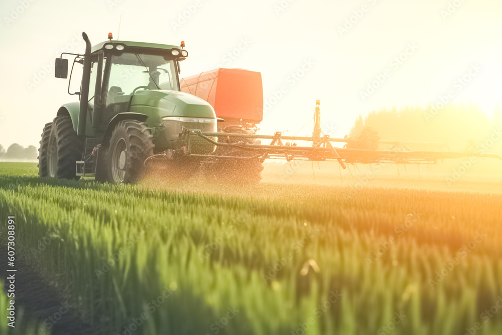 Obraz premium Tractor spraying pesticides field. Agriculture background concept. generative ai