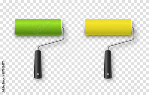 Vector paint roller. Paint roller png. Tool for wall painting, drawing. Multi-colored paint rollers png. Construction Materials.