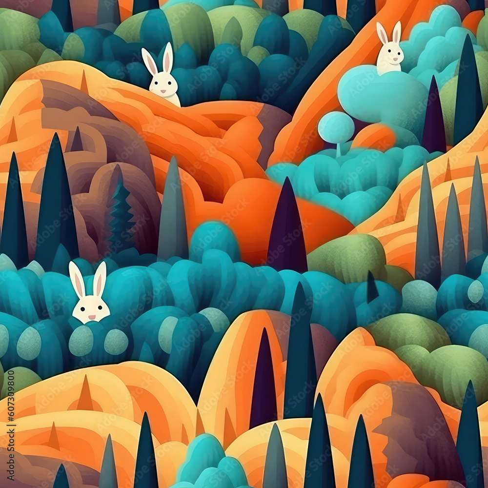 Obraz premium Cartoon bunnies seamless repeat pattern - fantasy colorful cubism, abstract art, trippy psychedelic [Generative AI] 