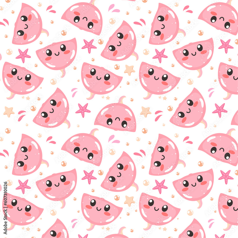 Summer cute seamless patterns with sea animals, colorful patterns, children's patterns with smiling animals  , smiling stingray, stingray