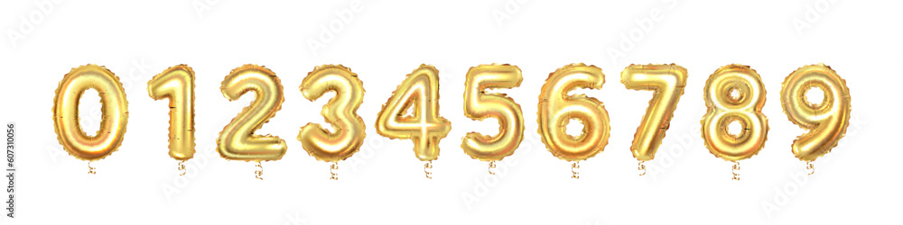 Set of gold balloon numbers set, isolated on white background. Set of gold balloon numbers set, isolated on white background.