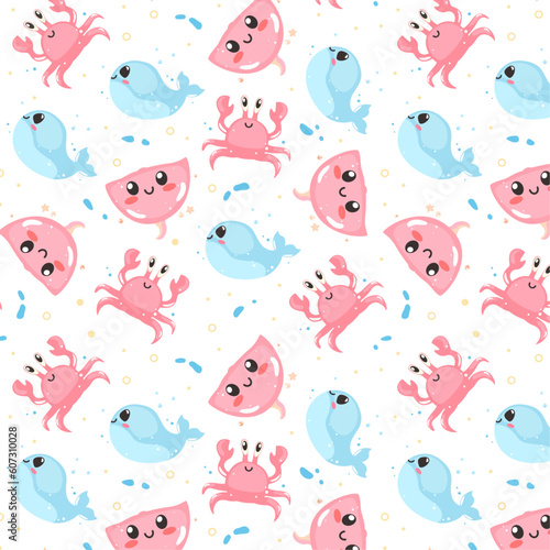 Summer cute seamless patterns with sea animals, colorful patterns, children's patterns with smiling animals 
