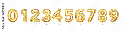 Set of gold balloon numbers set, isolated on white background.	 photo
