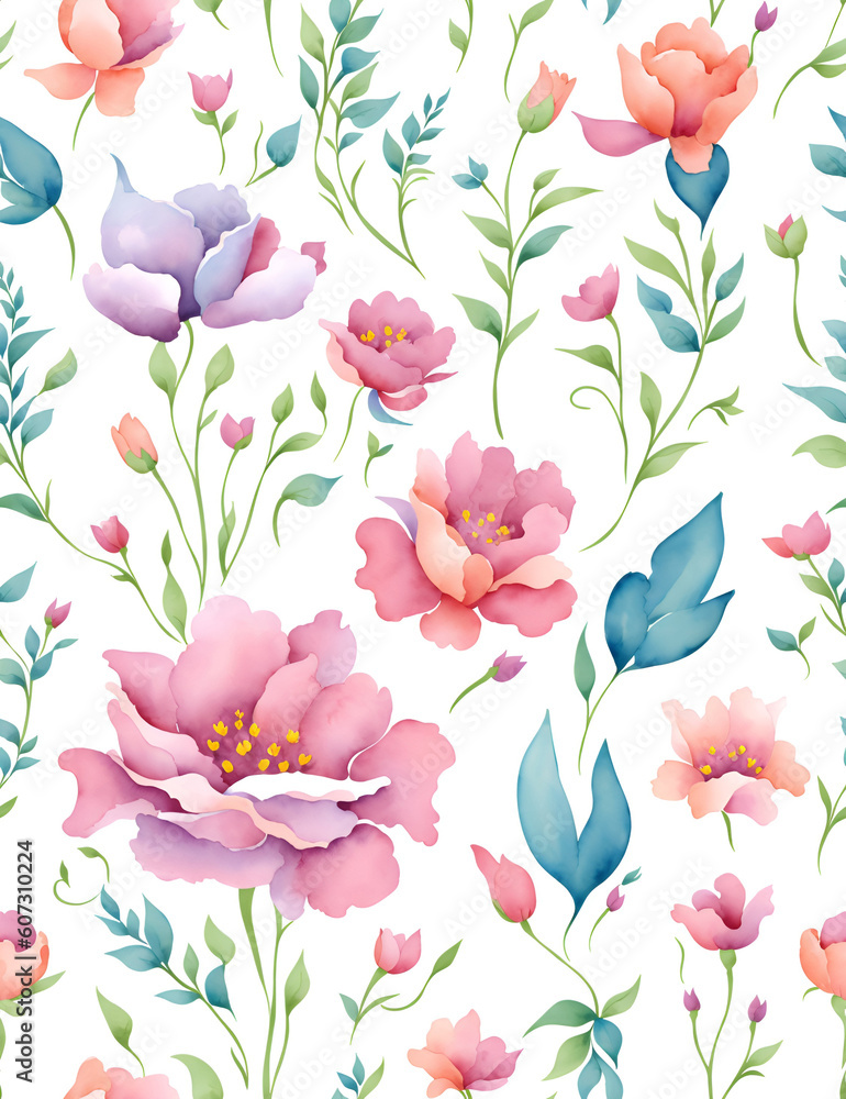 Watercolor of flowers on white background, clipart, Seamless patterns