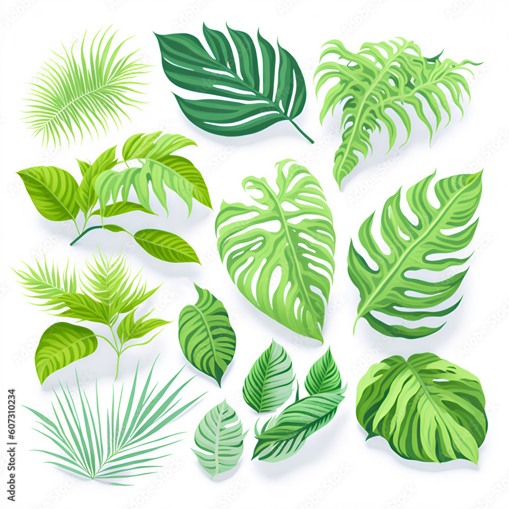 Set of tropical leaves isolated over white, isometric style Set of tropical leaves isolated over white, isometric style