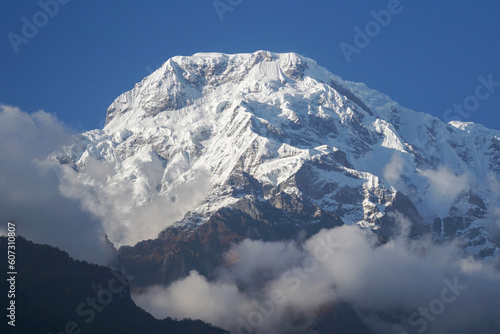 close up Annapurna South peak full with first snow in winter