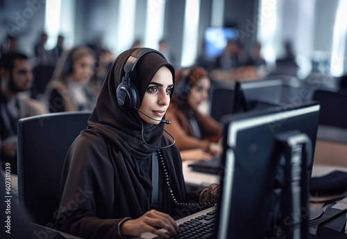 Customer service representative muslim woman wearing abaya working in busy call center office photo