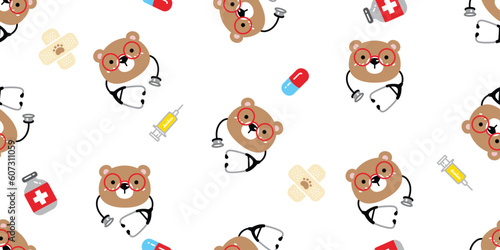bear polar seamless pattern medicine doctor pills hospital capsule stethoscope teddy cartoon vector tile background gift wrapping paper repeat wallpaper scarf isolated doodle illustration design