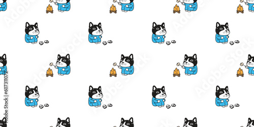 dog seamless pattern french bulldog campfire camping vector pyjamas pet footprint paw puppy cartoon gift wrapping paper tile background repeat wallpaper doodle scarf isolated illustration design
