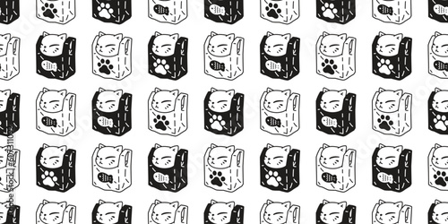 cat seamless pattern kitten shopping bag plastic vector calico paw footprint breed neko cartoon character pet gift wrapping paper tile background repeat wallpaper animal doodle illustration design sca