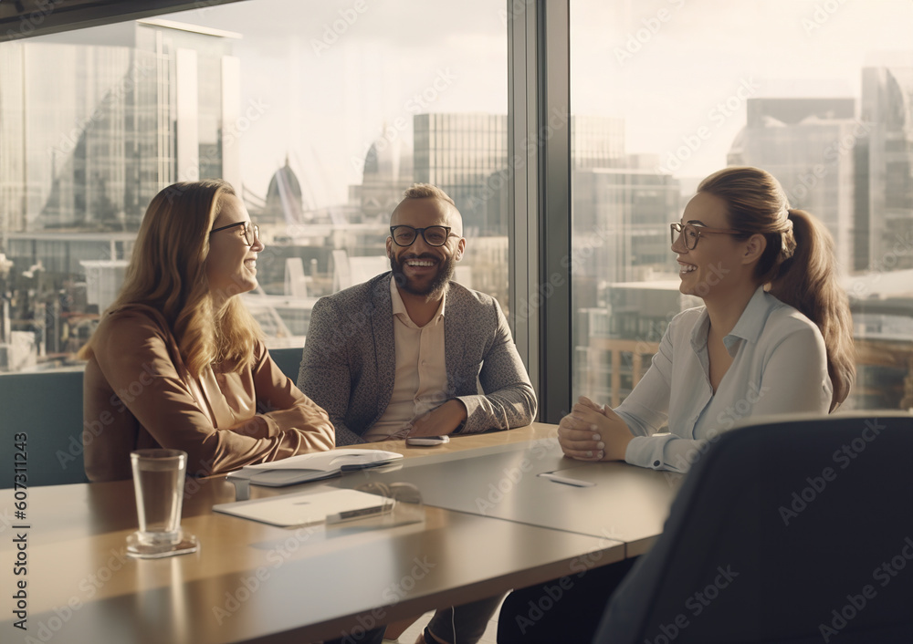 Business people meeting around table in modern office with urban space in the background. Business people meeting around table in modern office with urban space in the background.