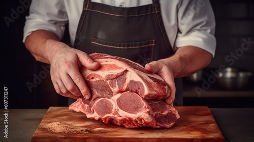 A man in a leather apron holds a piece of raw meat Generative AI