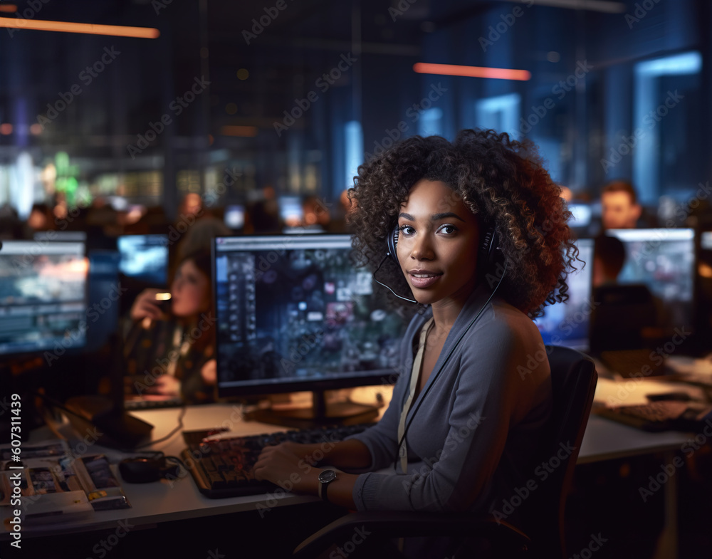 Beautiful African American woman with thick curly hair wearing headset with microphone working in call center.